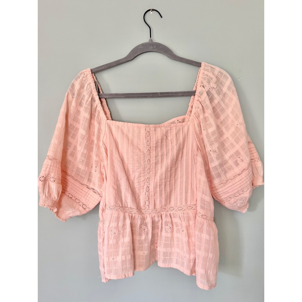 Jennifer & Grace Cotton Eyelet Lace Puff Sleeve Babydoll Blouse Pink Medium NWT - Picture 6 of 6